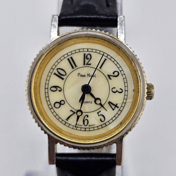VTG Pierre Nicol Women Watch 24MM Cream Dial New Black Leather Bands New Battery - Picture 1 of 14